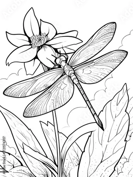 Fototapeta Dragonfly on a flower coloring page