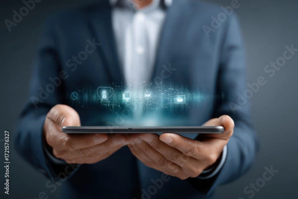Fototapeta AI interface emerging from a tablet held by a business user, showing holographic communication, network flow lines, and speech recognition modules with glowing highlights