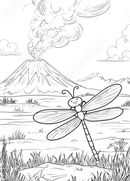 Fototapeta A dragonfly in the meadow with a volcano coloring page