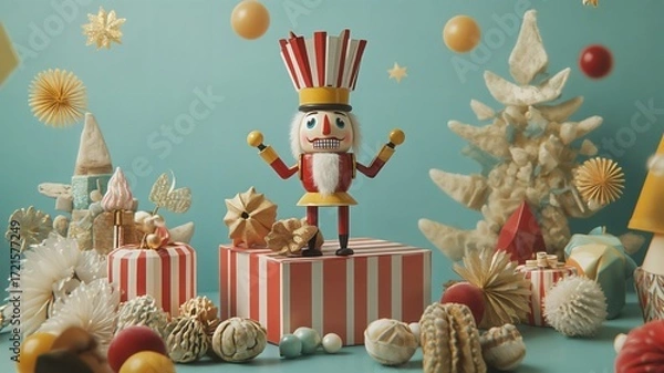 Fototapeta Festive Nutcracker and Decorations A Delightful Holiday Display on a Blue Background