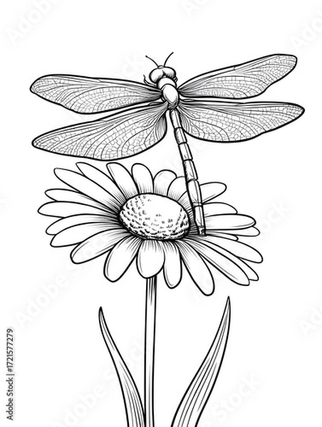 Fototapeta Cute dragonfly sitting on a daisy flower coloring page