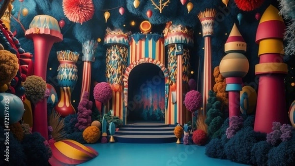 Fototapeta Surreal and whimsical fantasy land with vibrant colors, whimsical architecture, and fantastical plants, evoking a sense of wonder and enchantment