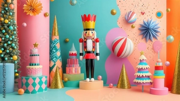 Fototapeta Playful Nutcracker Display with Pastel Colors and Festive Decorations
