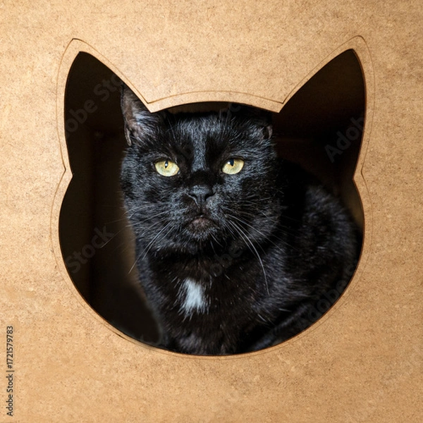 Fototapeta A striking black cat with piercing green eyes looks directly at the camera from inside a cat-shaped cutout in a wooden or cardboard structure, creating a cozy and intriguing portrait. 