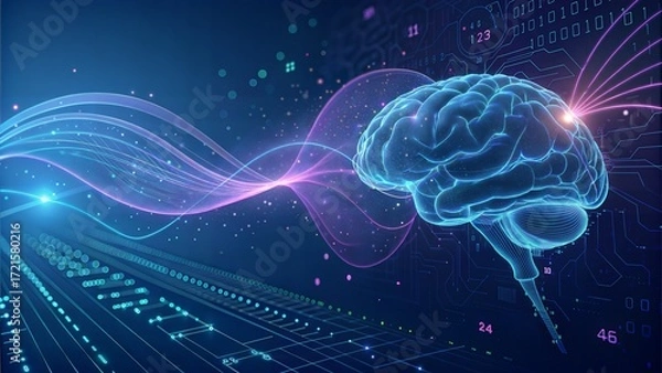Fototapeta Digital representation of a brain overlaid on a circuit board, suggesting the intersection of technology and the human mind.