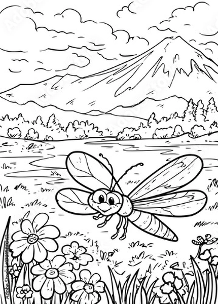 Fototapeta A dragonfly in the meadow with a volcano coloring page