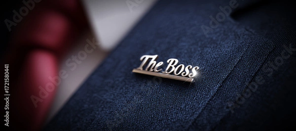 Obraz Extreme close-up of a lapel pin on a blue suit of an unrecognizable businessman with the words “The Boss” written on it in silver letters. Generative Ai.