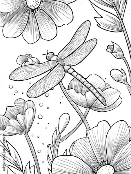 Fototapeta Dragonfly on a flower coloring page