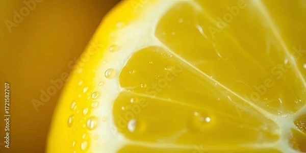 Fototapeta Close-up of a shiny yellow lemon, showing texture and juice droplets,   ripe,   refreshment