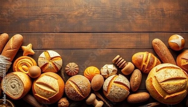 Fototapeta Horizontal seamless pattern of various breads and bakery items on a rustic background, donut, wood