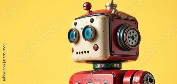 Fototapeta Retro tin robot toy, weathered paint, isolated,  classic,   classic toy