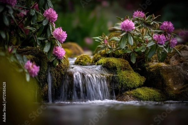 Fototapeta A tranquil garden scene showcases a cascading waterfall flowing over mossy rocks, with vibrant pink rhododendrons blooming in the foreground.
