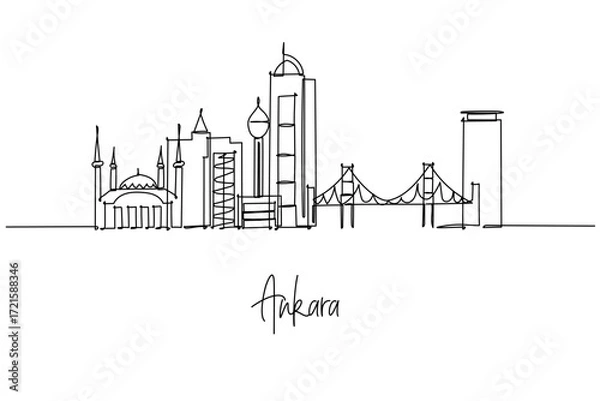 Fototapeta Continuous line drawing of Ankara skyline with mosques and towers