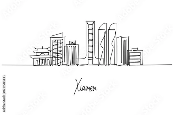 Fototapeta Single line drawing of Xiamen skyline with temples and skyscrapers