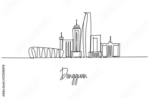Fototapeta Single line drawing of Dongguan skyline with towers and bridge