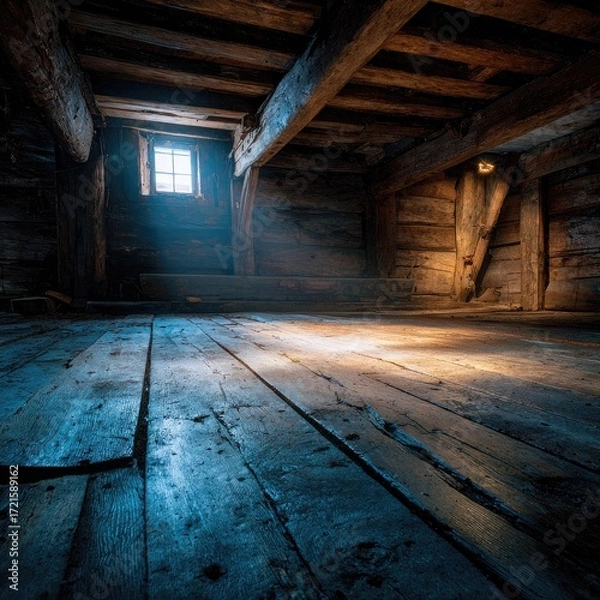 Fototapeta Sunlit attic with aged wooden beams, floorboards, and a small window casting a dramatic light beam