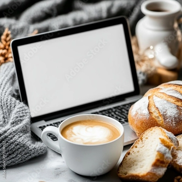Obraz Cozy hygge inspired work from home setup with a warm, latte comforting food featuring delicate art artisanal baked bread comforting food and comforting food a modern laptop on a soft knitted blanket p