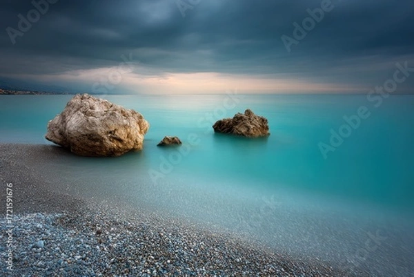 Fototapeta Tranquil turquoise waters embrace smooth, light-toned rocks on a pebble beach, bathed in soft, diffused light under a dramatic sky.