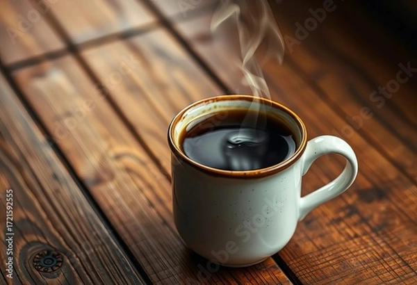 Fototapeta A ceramic mug filled with steaming coffee sits on a rustic wooden table, shadow, comfort