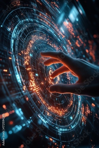 Fototapeta Hand interacting with futuristic digital interface.