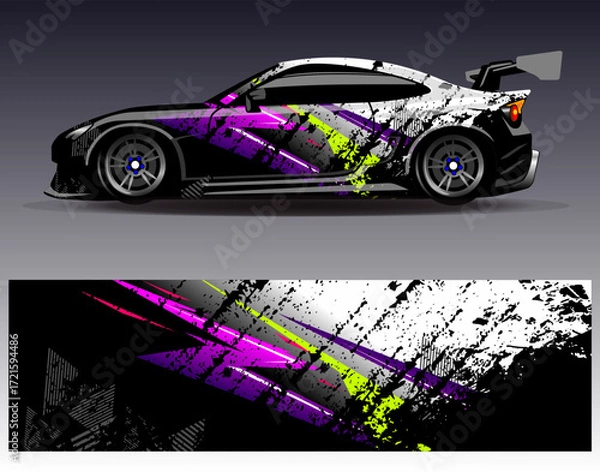 Fototapeta Car wrap design vector. Graphic abstract stripe racing background designs for vehicle, rally, race, adventure and car racing livery