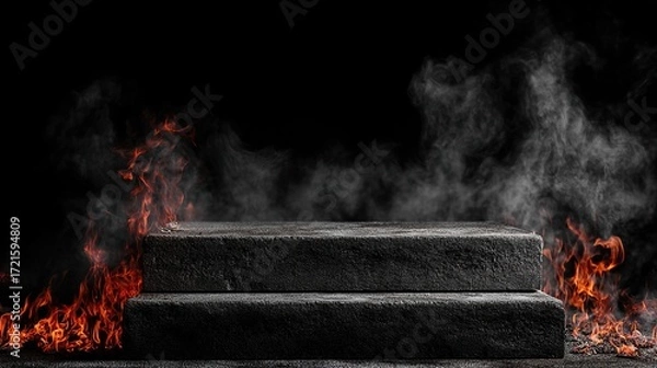 Fototapeta A fiery flame burns on a stone platform against a black background; the stone base is used to showcase the product, displaying a burning platform with smoke and spark effects.