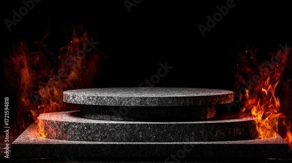 Fototapeta A fiery flame burns on a stone platform against a black background; the stone base is used to showcase the product, displaying a burning platform with smoke and spark effects.