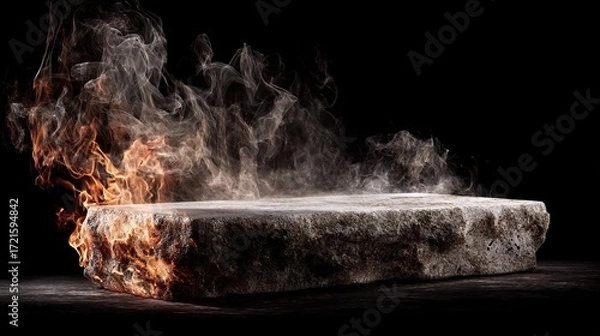 Fototapeta A fiery flame burns on a stone platform against a black background; the stone base is used to showcase the product, displaying a burning platform with smoke and spark effects.