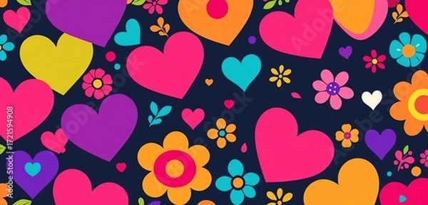 Fototapeta Vibrant hearts, flowers, and geometric shapes in a playful, repeating design,  decoration,  colorful hearts