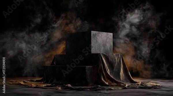 Fototapeta A fiery flame burns on a stone platform against a black background; the stone base is used to showcase the product, displaying a burning platform with smoke and spark effects.