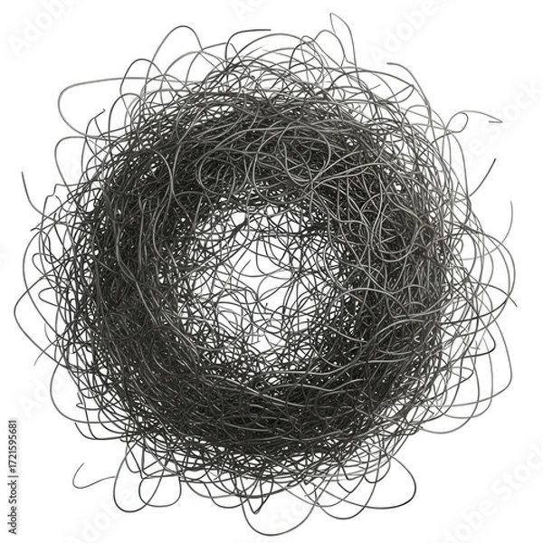 Fototapeta Intricate tangle of gray metallic wires isolated on transparent background