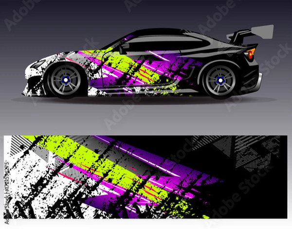 Fototapeta Car wrap design vector. Graphic abstract stripe racing background designs for vehicle, rally, race, adventure and car racing livery