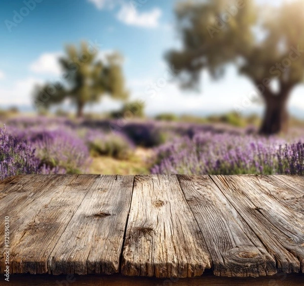 Fototapeta Rustic wooden table top with a blurred background of a lavender field under a partly cloudy sky.