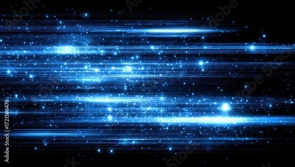 Fototapeta A dynamic, vibrant image showcases horizontal streaks of light, filled with sparkling particles, creating a captivating visual effect.