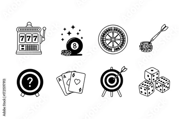 Fototapeta Randomness Outline Icon Set – Slot Machine, Roulette Wheel, Magic 8-Ball, Dartboard, Playing Cards – Vector Line Icons for Games, Chance, Gambling, and Entertainment Designs