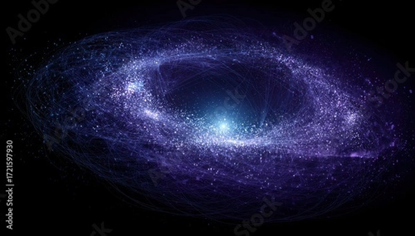Fototapeta A mesmerizing representation of a celestial body, featuring intricate lines and vibrant hues of purple and blue, set against a deep black background.
