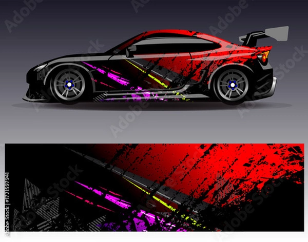 Fototapeta Car wrap design vector. Graphic abstract stripe racing background designs for vehicle, rally, race, adventure and car racing livery
