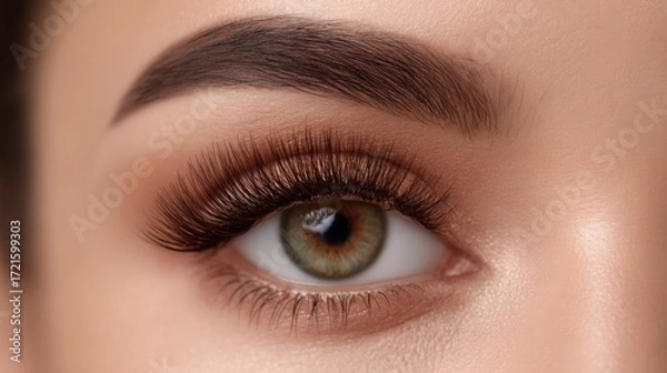 Fototapeta Close-Up of Beautiful Eye with Long Lashes, Defined Eyebrow, and Subtle Makeup Enhancing Natural Features and Beauty in an Artistic Presentation