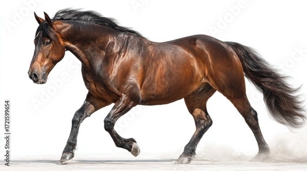 Obraz Brown horse running gracefully across a sandy area during daylight hours in a dramatic pose