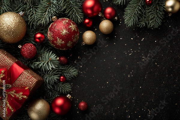 Fototapeta Christmas Background with Red and Gold Ornaments on Black