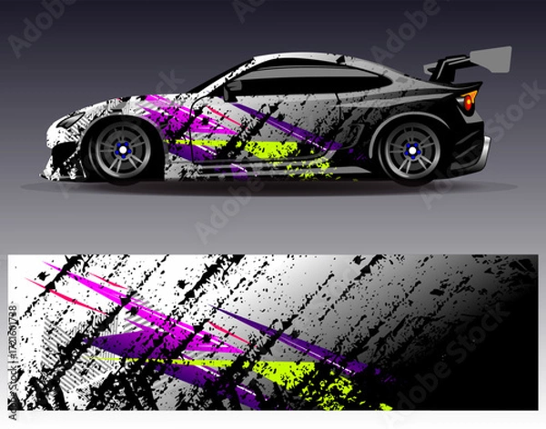 Fototapeta Car wrap design vector. Graphic abstract stripe racing background designs for vehicle, rally, race, adventure and car racing livery