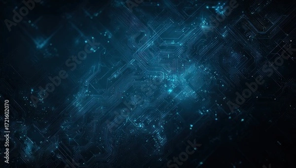 Fototapeta Intricate network of glowing lines and points creates a complex digital landscape, displaying a deep blue tone and a fascinatingly intricate design.