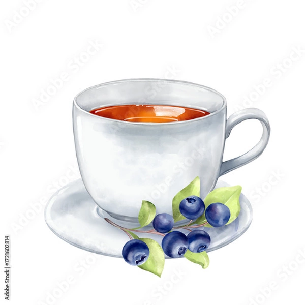 Fototapeta Hand-drawn watercolor illustration of a white teacup and saucer with a sprig of fresh blueberries