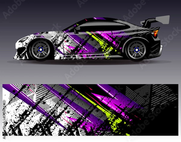 Fototapeta Car wrap design vector. Graphic abstract stripe racing background designs for vehicle, rally, race, adventure and car racing livery