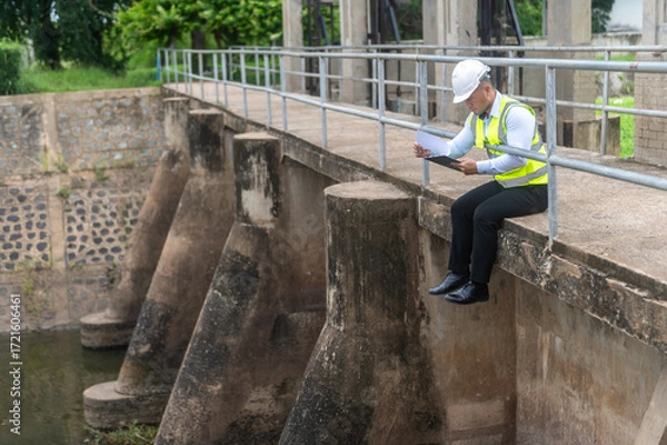 Obraz A male dam engineer is sitting and checking the water level in the dam and recording the water level