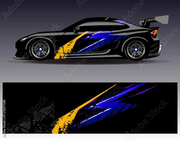 Fototapeta Car wrap design vector. Graphic abstract stripe racing background designs for vehicle, rally, race, adventure and car racing livery