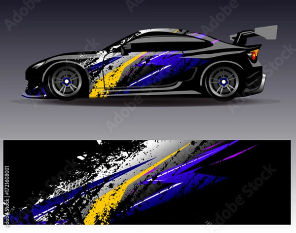 Fototapeta Car wrap design vector. Graphic abstract stripe racing background designs for vehicle, rally, race, adventure and car racing livery