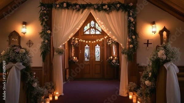 Fototapeta Beautifully decorated church entrance for a wedding, featuring soft drapery, floral garlands, and romantic candle lighting.