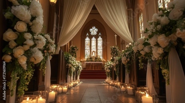 Fototapeta Beautifully decorated church entrance for a wedding, featuring soft drapery, floral garlands, and romantic candle lighting.