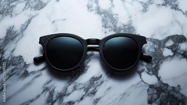 Fototapeta Black sunglasses front-on perspective, positioned on a marble surface with elegant lighting and soft reflections